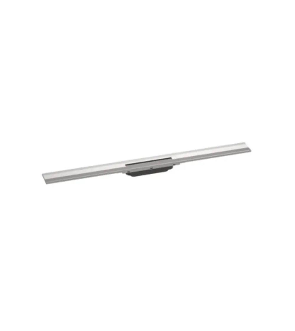 Edelstahl-Duschrinne von Hansgrohe, geeignet für die Wandmontage, mit flexibler Kürzungsoption. Produkt zeigt eine lange, schmale Form mit einer glatten Oberfläche.